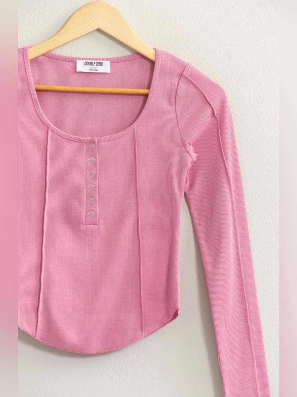 Double Zero Rose-Pink Ribbed Henley Long Sleeve Top